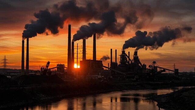 Industrial skyline at sunset with smoke stacks and reflection on water, showcasing pollution and urban development