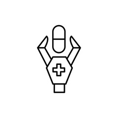 Robotic hand holding medical cross capsule. Suitable for medical, technology, healthcare concepts in websites, presentations, and design projects.