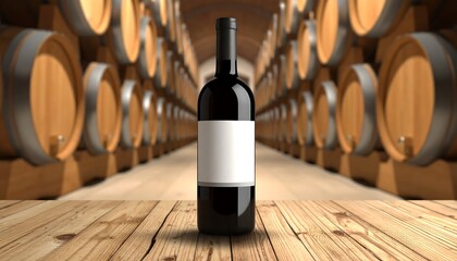 Bottle of Red Wine in a Winery Cellar with Oak Barrels.