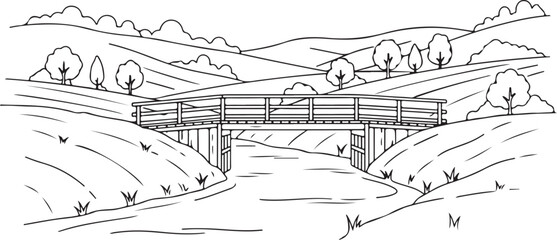 Fototapeta premium Modern Architectural Bridge Over Water in a Scenic Landscape, Connection Concept Vector Illustration
