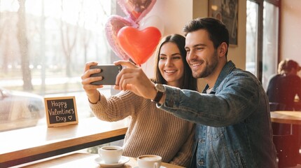 Happy young couple taking a Valentine's Day selfie at a cafe table, smiling joyfully with heart balloons and coffee cups, celebrating love and dating on a romantic date.