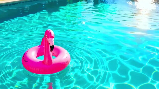 Pink flamingo pool float gently drifts in clear blue water, creating a serene and fun scene for a relaxing summer day. The inflatable toy is a vibrant addition to the tranquil atmosphere.