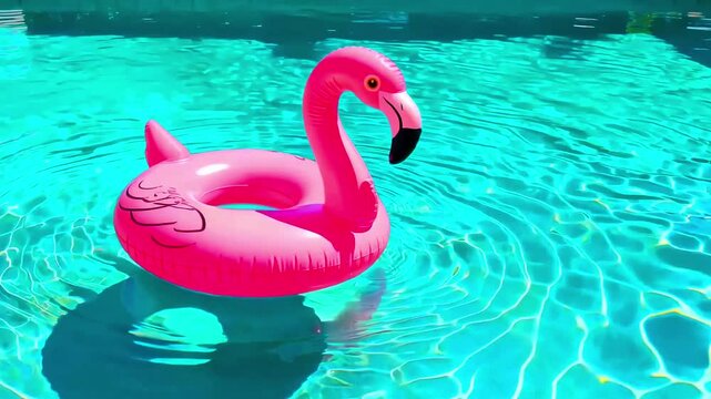 Pink flamingo pool float gently floats on turquoise water in a sunny swimming pool, creating a serene and inviting summer atmosphere.