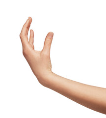 Woman's hand in an open cupped gesture, creating a blank space for an invisible product or for adding copy and graphic elements in commercial use applications