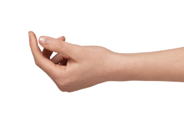Human hand presenting a gesture of beckoning or holding something small, with fingers slightly curled, creating a space for presenting or grasping a digital object against a clean backdrop