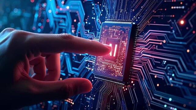 Futuristic AI technology innovation concept with human interaction on circuit board.