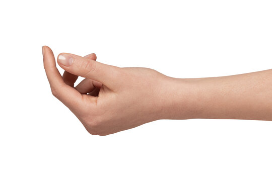 Human hand presenting a gesture of beckoning or holding something small, with fingers slightly curled, creating a space for presenting or grasping a digital object against a clean backdrop