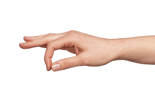 Human hand showing a precise clicking gesture with thumb and index finger, indicating interaction, selection, or measuring a small quantity against a clean background