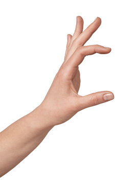 Human bare hand portraying a gesture indicating a small quantity, minimal size, or making a calculation, with fingers curved on a clean, isolated background