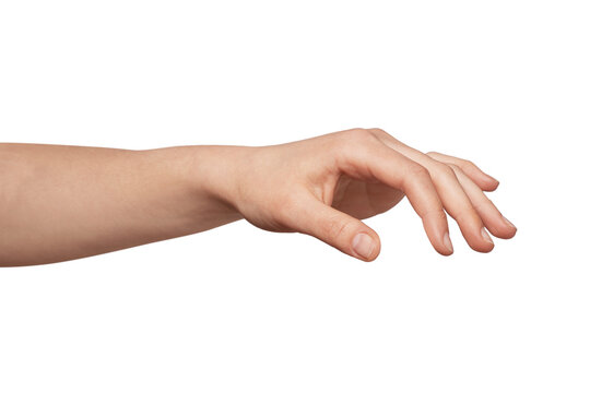 Young adult person's hand extending forward over a clean plain background, creating a ready gesture for touching, holding, or interacting with invisible elements in a digital space