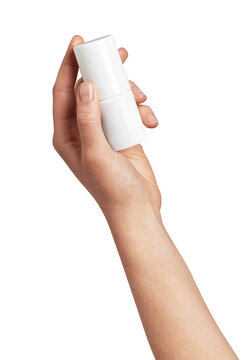 Hand holding a white cylindrical cosmetic container, representing personal care, beauty, minimalist packaging, and product branding, with copy space for text