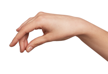 Female hand making a delicate gesture with fingers and thumb, indicating holding a tiny object, precise measurement, or preparing a finger snap on a white background