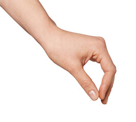 Female hand with index finger and thumb touching, representing the concept of precision, grasping, picking up, holding, or measuring a small object, isolated on a clean background