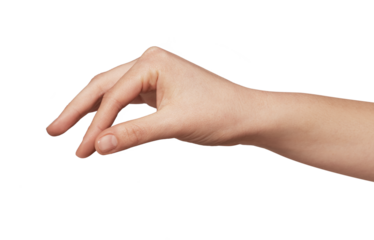 Human hand showing a pinching motion, with thumb and index finger close together, indicating the act of holding a small object, adding a pinch of seasoning, or emphasizing a small quantity
