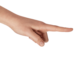 Female hand with index finger extended forward, indicating a direction, pointing to something, or presenting a measurement against a clean white background