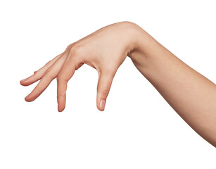 Woman's left arm and hand gesturing a pinch or grasp, fingers curved downwards and thumb extended, isolated on a light gray background, ready to pick up an unseen item