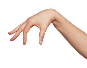 Woman's left arm and hand gesturing a pinch or grasp, fingers curved downwards and thumb extended, isolated on a light gray background, ready to pick up an unseen item