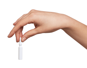 Hand gently holding a delicate white ampoule with fingertips, presenting a concept of precise dosage, fragile content, and careful application in medicine, beauty, or healthcare
