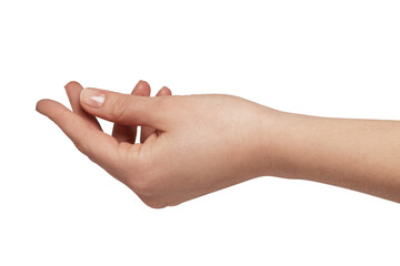 Woman hand with palm facing upwards extends, creating empty space for holding, receiving, or presenting an object, concept, or text on a clean background