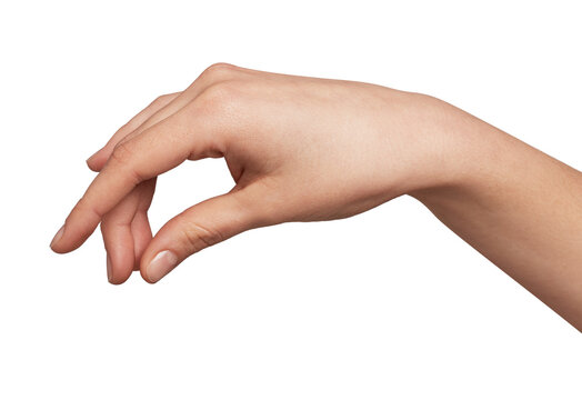Female hand making a delicate gesture with fingers and thumb, indicating holding a tiny object, precise measurement, or preparing a finger snap on a white background