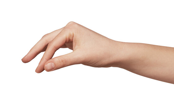 Human hand showing a pinching motion, with thumb and index finger close together, indicating the act of holding a small object, adding a pinch of seasoning, or emphasizing a small quantity