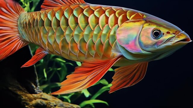 Colorful fish with large scales and flowing fins swimming near plants