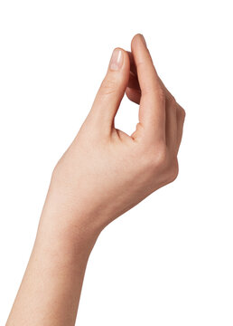 Human hand showing a gesture with thumb and index fingers nearly touching, symbolizing questioning, italian communication, or indicating a small quantity on a clean background