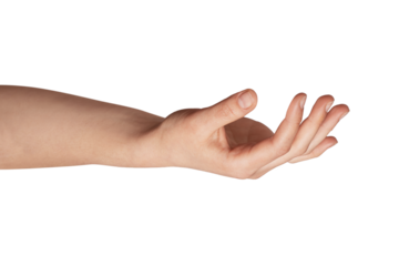 Human hand extending with open palm and forearm isolated against a solid light background, conveying concepts of offering, receiving, or holding up an object