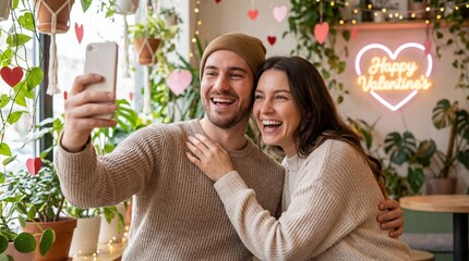 Ecstatic young couple taking a cheerful Valentine's Day selfie in a trendy plant-filled cafe decorated with a neon heart sign and cozy lighting, celebrating romance and affection.