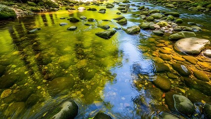 Serene river stream flowing over rocks and stones in a natural environment viewed from above