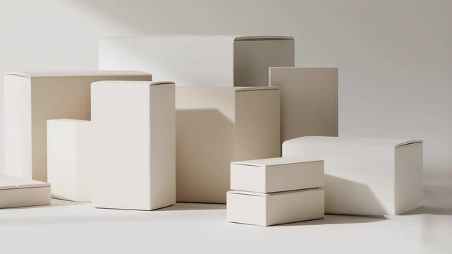 A sophisticated still life featuring an assortment of white and beige rectangular boxes for advertising.
