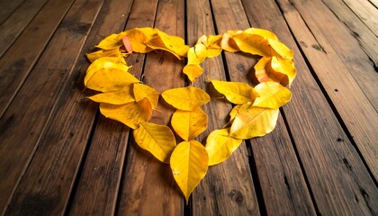 Heart Shape Made of Yellow Autumn Leaves on Wooden Background.