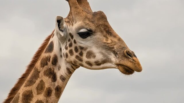 Majestic giraffe portrait against a cloudy sky, showcasing unique patterns and features of this iconic African animal