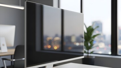 modern office workspace with large display screens presenting business data analytics