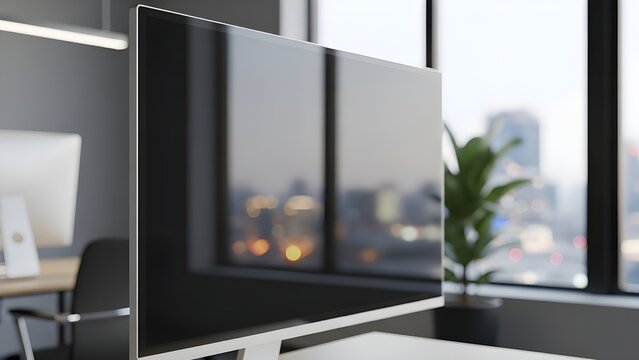 modern office workspace with large display screens presenting business data analytics - Powered by Adobe