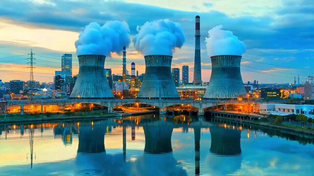 Industrial nuclear power plant with three cooling towers and smokestack by a body of water at dusk with cityscape in the background and reflections on the water's surface