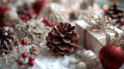 Elegant Christmas composition with pine cone, gift box and holiday ornaments
