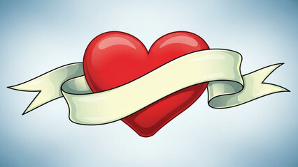 A classic bright red heart wrapped gracefully by a blank, light-colored ribbon banner, ready for a personalized message on a soft blue background.