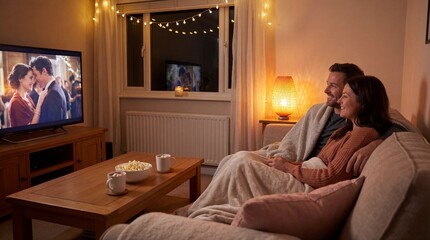 Obraz premium Cozy winter evening: Happy couple snuggled on a sofa under a blanket, watching a romantic movie on television with popcorn and hot drinks, illuminated by warm string lights.