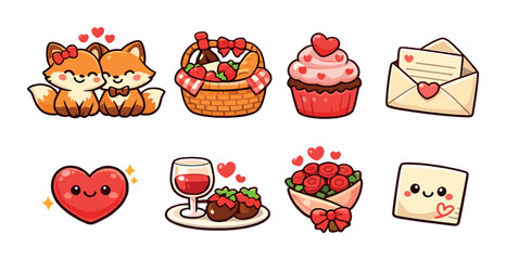 Cute romantic icons featuring animals, sweets, and love symbols
