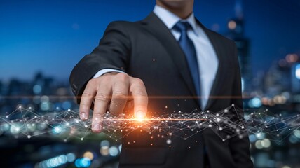 A professional businessman reaching out to a glowing digital network, symbolizing innovation, data connectivity, and the future of technology in a modern urban landscape
