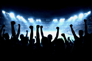 Fototapeta premium Silhouetted Football Fans Cheering in Stadium Under Bright Lights