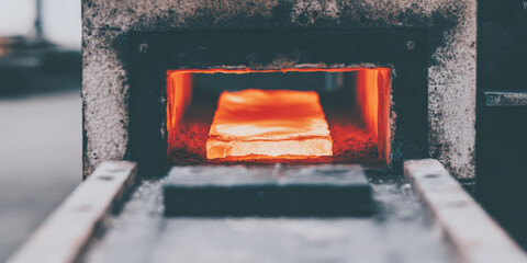 Hot metal block is heated in a furnace for shaping and molding in an industrial workshop during daylight