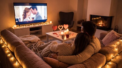 Affectionate young couple embracing and watching a romantic movie on TV in a cozy living room decorated with warm fairy lights and lit candles beside a modern fireplace.