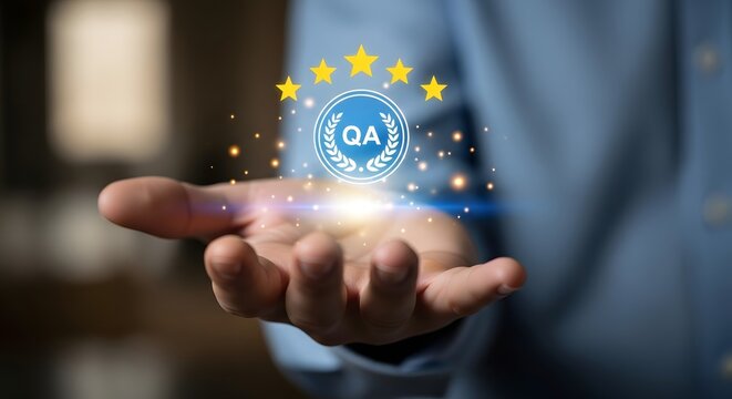 Quality assurance qa concept with stars and hand for business excellence and customer satisfaction