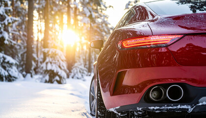 Red sports car in snowy forest at sunset