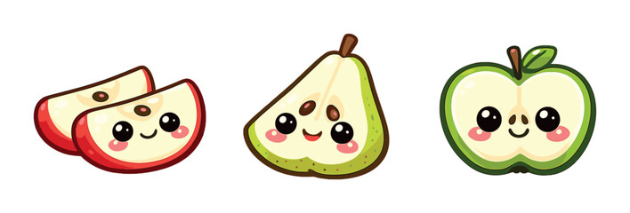 Cute kawaii fruit characters: apple, pear, and green apple with smiling faces