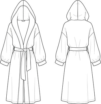Hooded bathrobe front and back view outline illustration for fashion design, loungewear, and apparel technical drawing