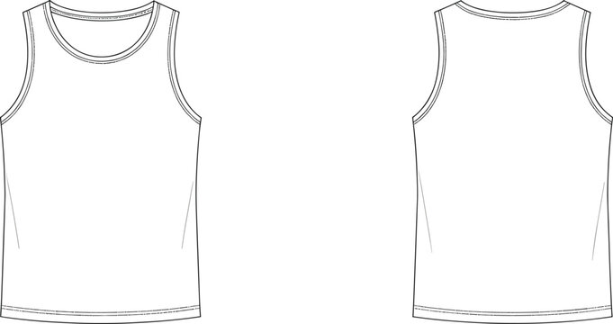 Tank top sleeveless shirt front and back view outline illustration for apparel, sportswear, and fashion design