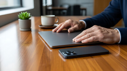 Businessman using laptop at wooden desk with coffee and smartphone